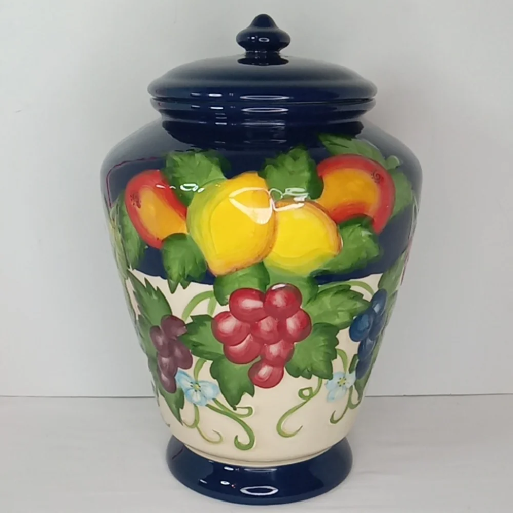 Vintage Large Nonni's Handpainted Fruit Print Lidded Ceramic Cookie Jar Canister